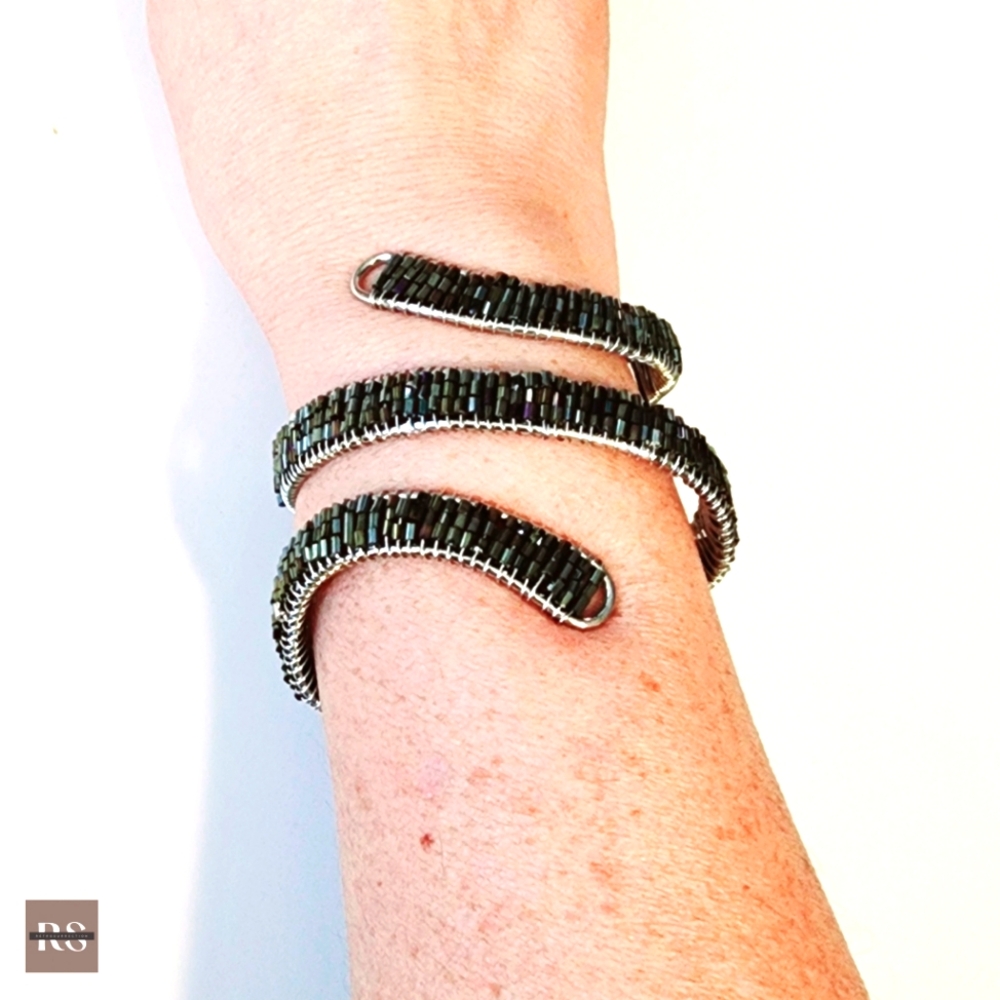 Wire Wrap Glass Bugle Beads Sparkle Cuff Bracelet.
